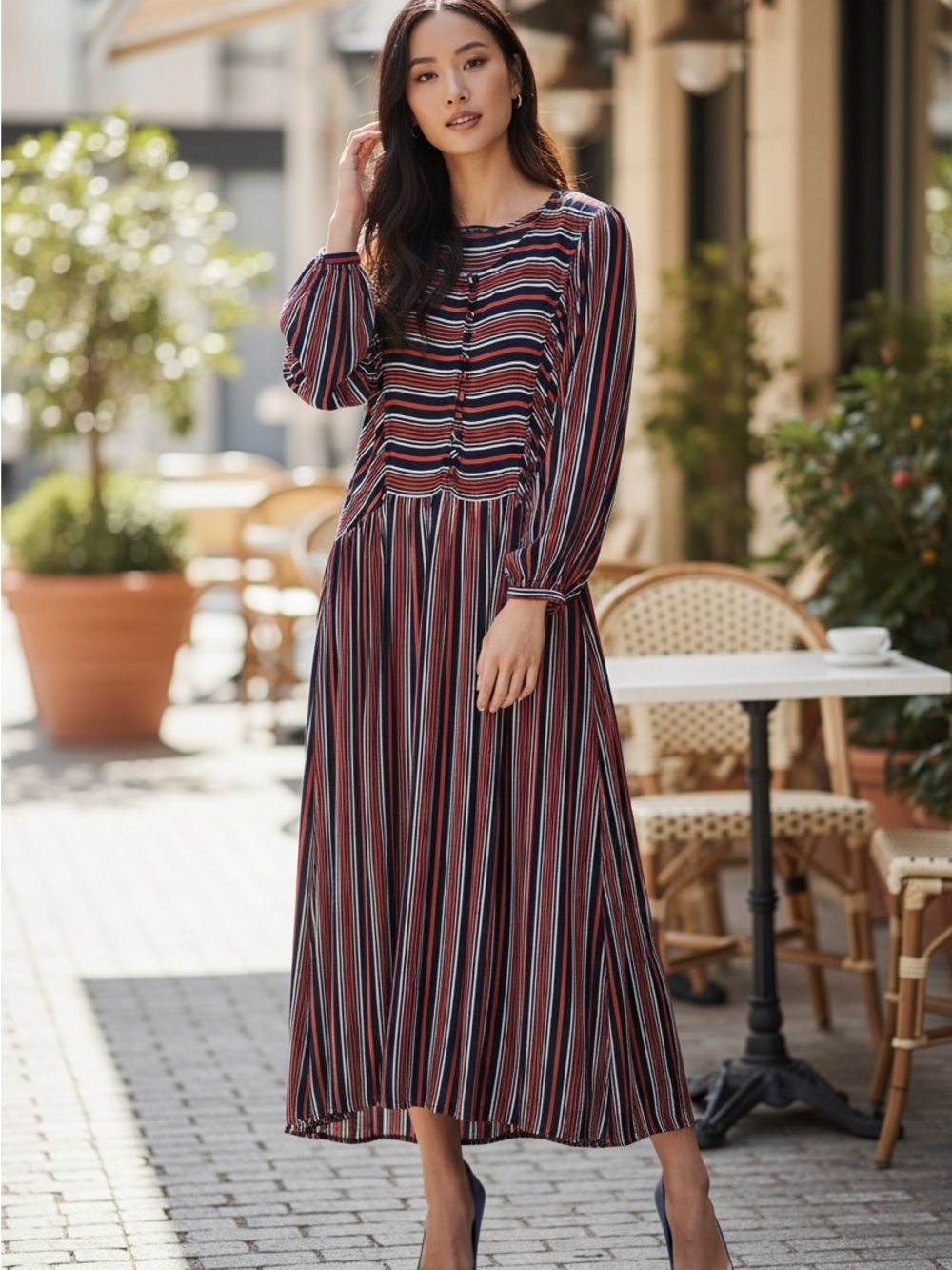 Striped Long Sleeve Midi Dress in Red Blue and White